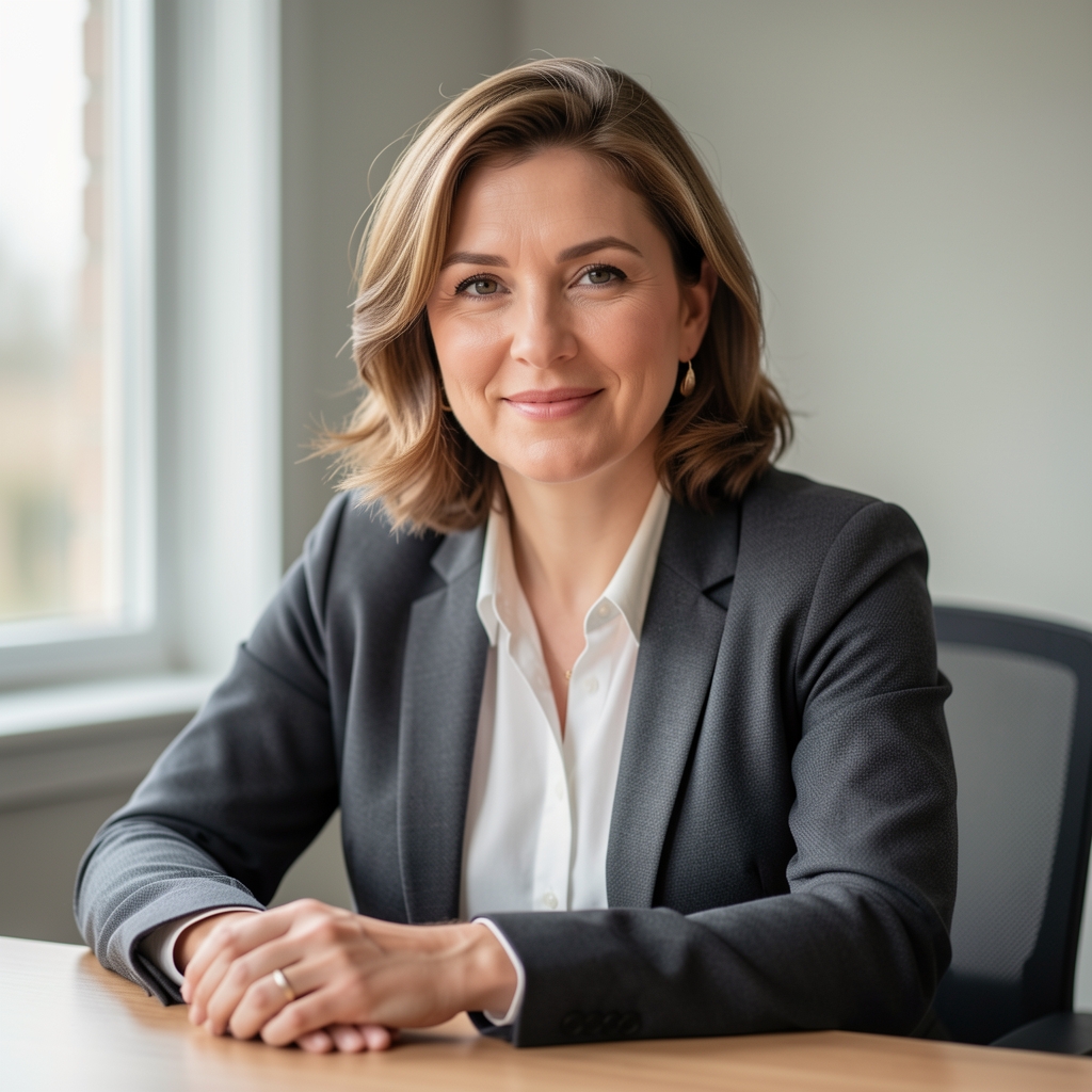 Editorial portrait of a nutrition writer at a desk, soft natural daylight from a window to the left